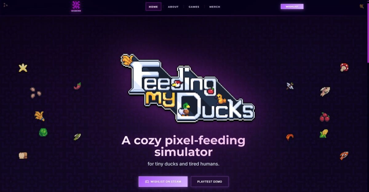 The Feeding My Ducks studio site: a pixel-art logo on a dark purple background, described as a cozy pixel-feeding simulator.